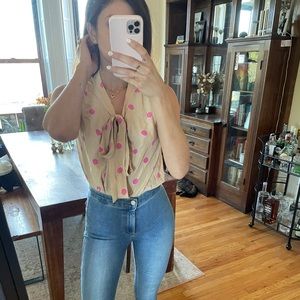 Kate Spade Sleeveless Pink Polka Dot Blouse w/ Tie